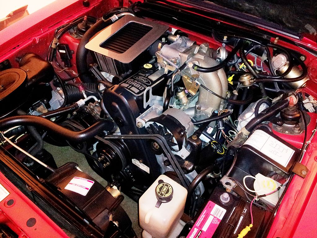 Ford Mustang SVO 1986 engine bay with a single turbo.